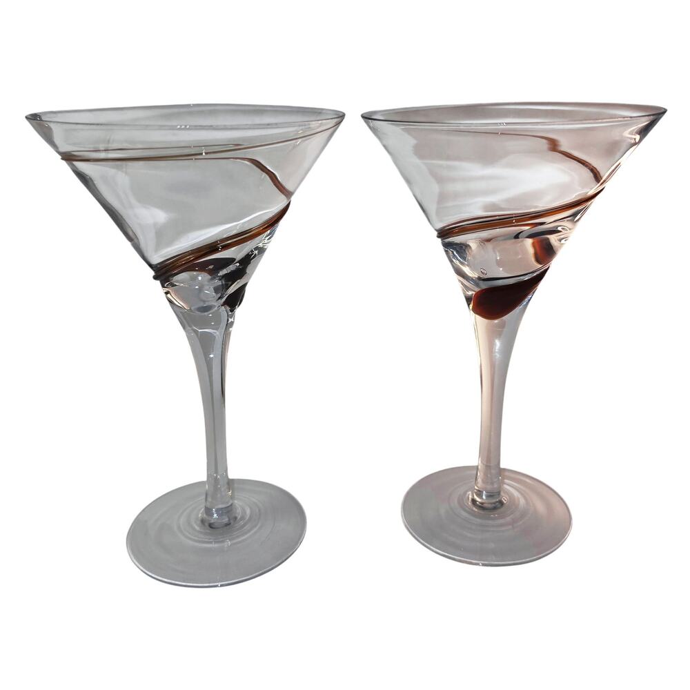 Pier 1 Swirline Red Martini Cosmopolitan Cocktail Glasses Pair Art Glass Vintage